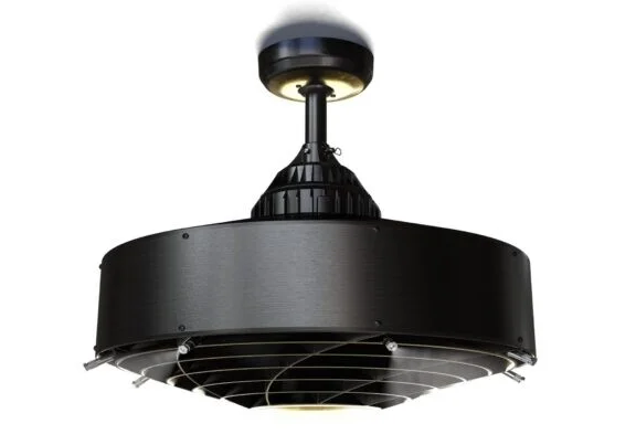 Black industrial-style ceiling fan with a circular metal housing and protective grill, mounted on a ceiling.