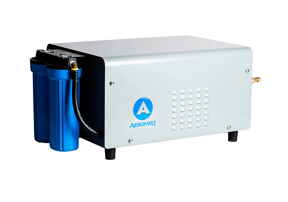 Aeromist water filtration and pump system with two blue filter housings on a white background.