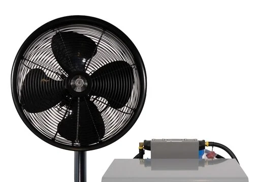 A black industrial fan next to a gray control box with cables, set against a white background.