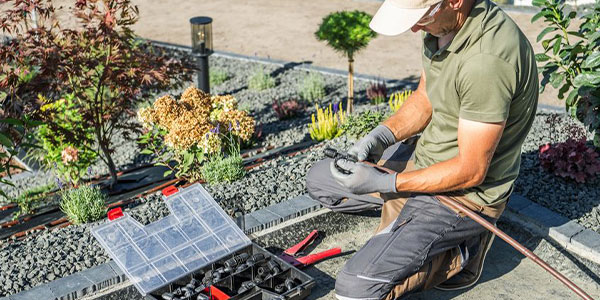 A person kneels in a garden while assembling irrigation equipment, with tools and parts laid out nearby.