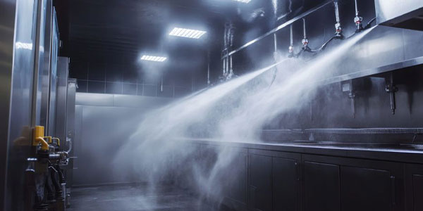Commercial kitchen undergoing an automated fire suppression system test with water spraying from ceiling nozzles.